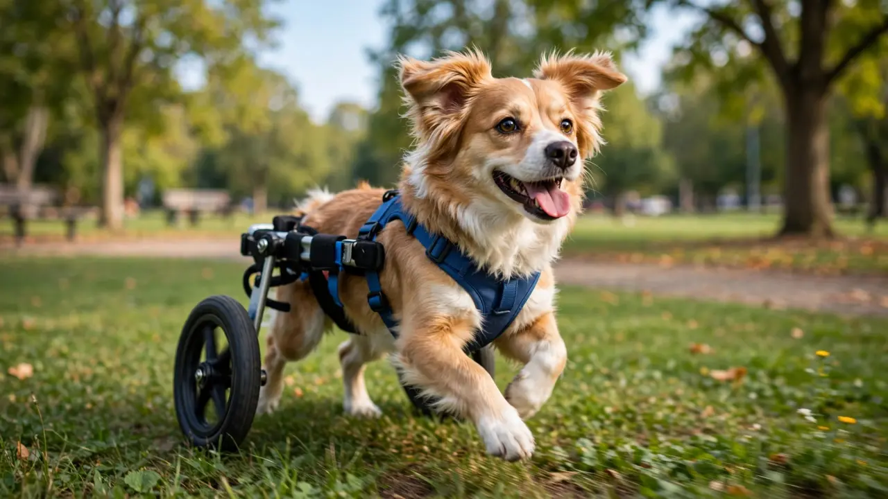 Cão feliz com deficiência usando cadeira de rodas nas patas traseiras, correndo no parque
