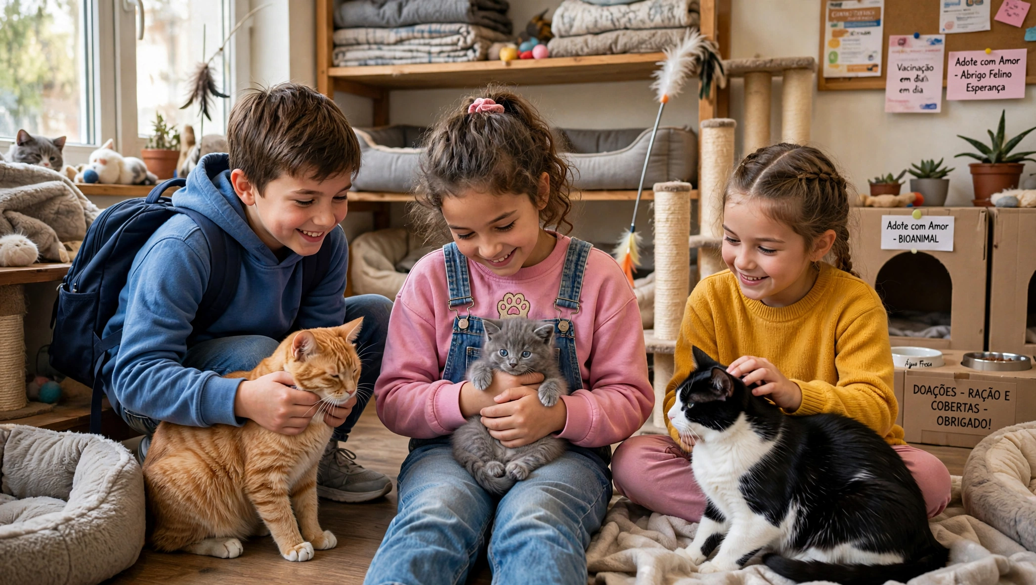 Crianças acariciando gatos no gatil